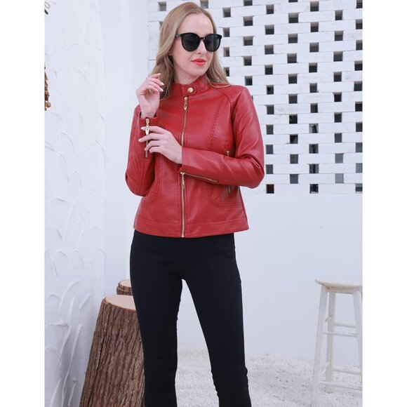 🆕 Women Red Trendy Faux Leather Jacket Moto Short Metal Zipper Fashion PU Coat - Picture 4 of 7